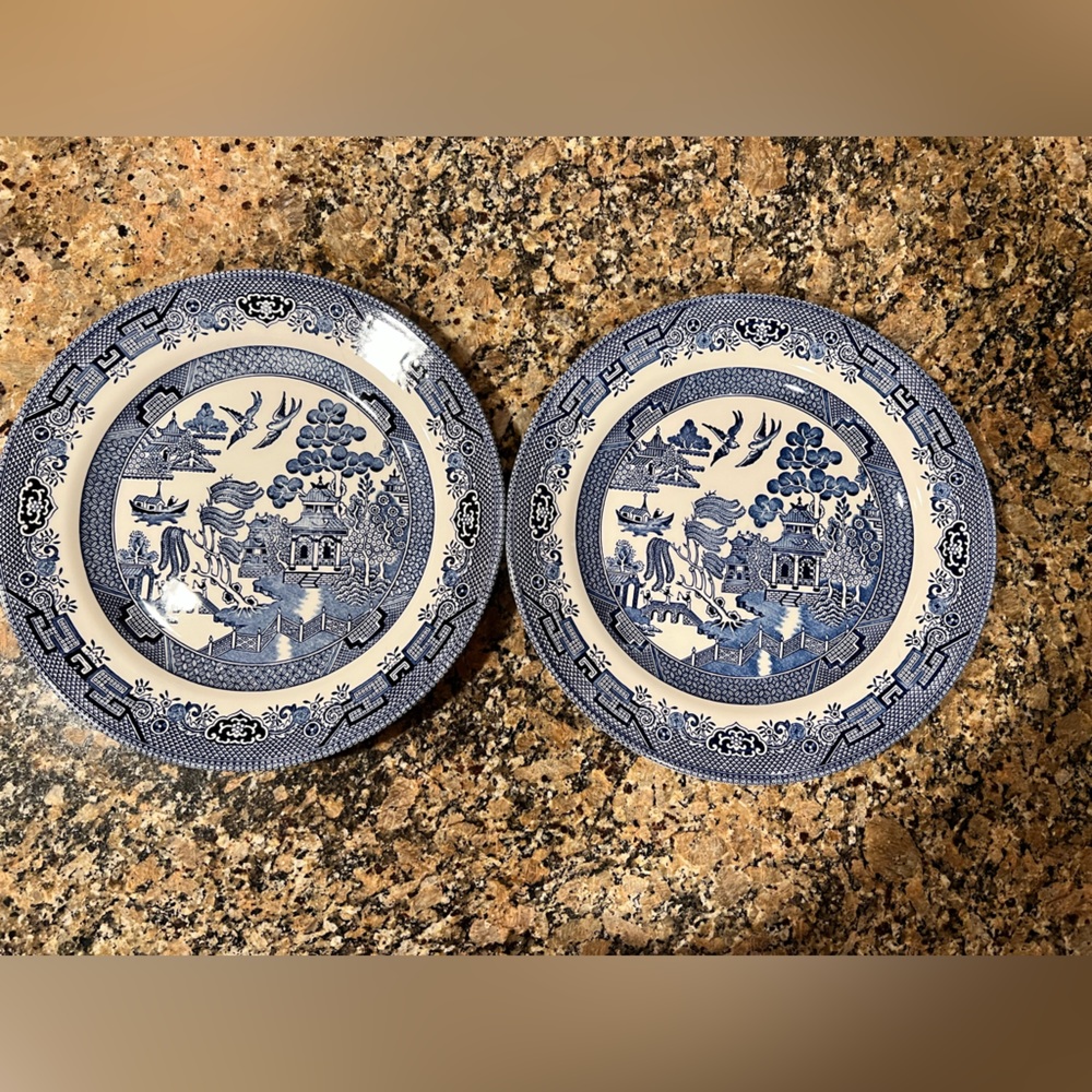 Churchill blue and white china plates.